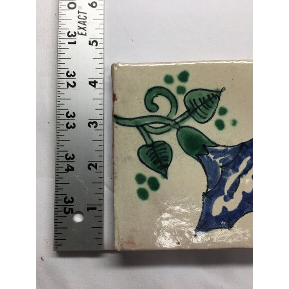 Vintage Mexican Talavera Tile Ceramic Blue Floral Green Foliage Design 4.5"x4.5" - Picture 11 of 11